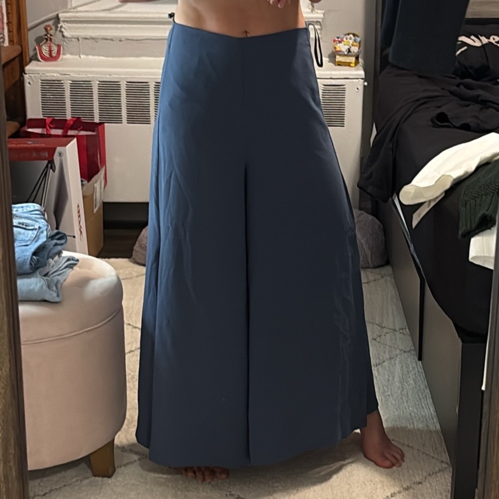 Topshop Dark Blue Grey Wide Leg Ankle Side Slit Pants Bottoms Flowy Boho Trend